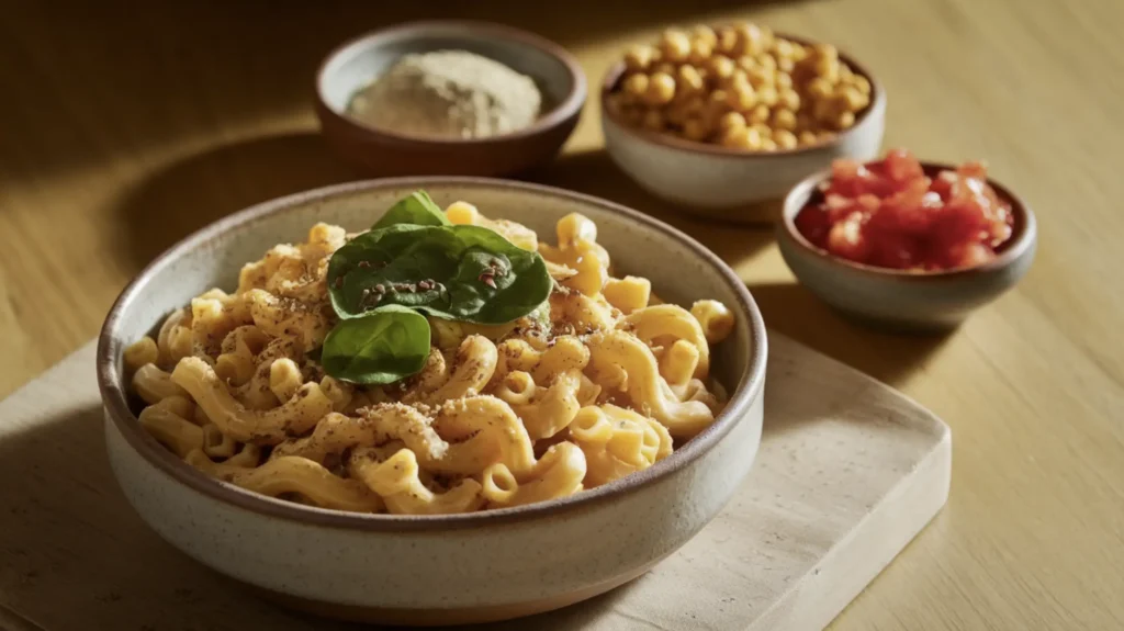 A healthier mac and cheese dish in a ceramic bowl made with whole-grain pasta, garnished with spinach leaves and sprinkled with ground flaxseed, surrounded by small bowls of chickpea pasta, nutritional yeast, and diced tomatoes.