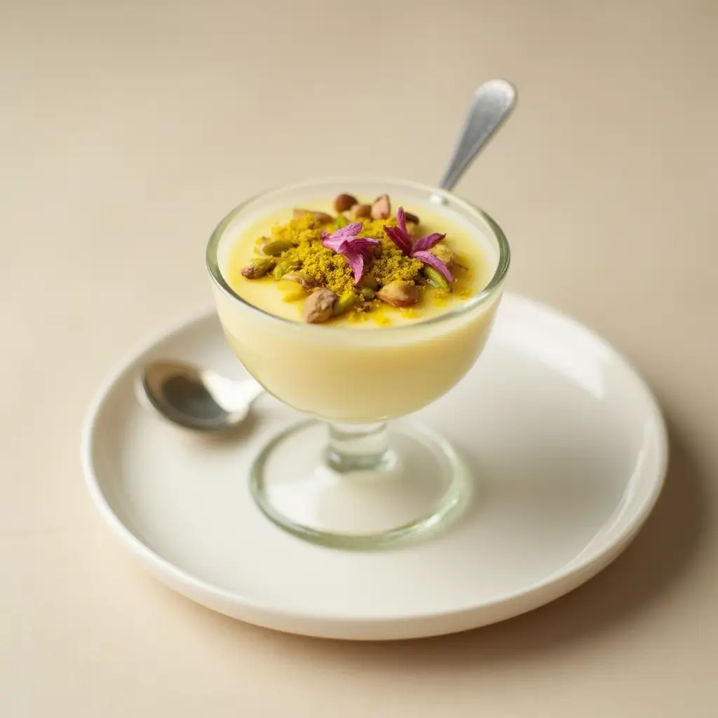 A simple glass dish of Terra Massoud dessert topped with chopped pistachios, saffron, and rose petals, served on a white plate with a beige background.