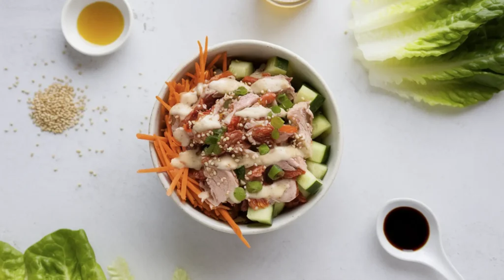 A vibrant bowl of kimchi tuna salad with diced cucumbers, shredded carrots, flaked tuna, and kimchi, garnished with green onions and sesame seeds.