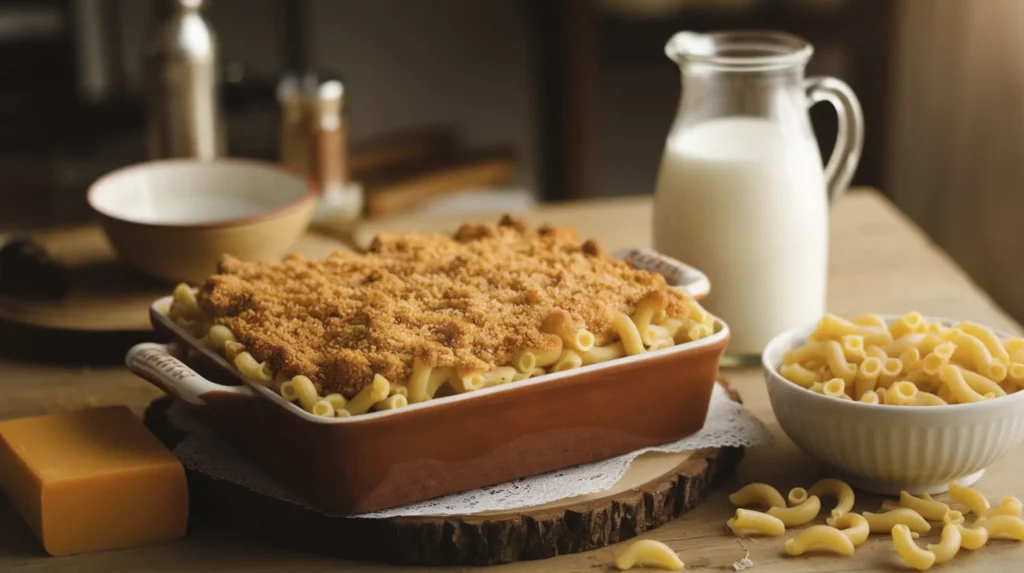 A baked mac and cheese in a rectangular casserole dish with a golden breadcrumb topping, surrounded by cheddar cheese, a jug of milk, and a bowl of uncooked pasta on a wooden table.