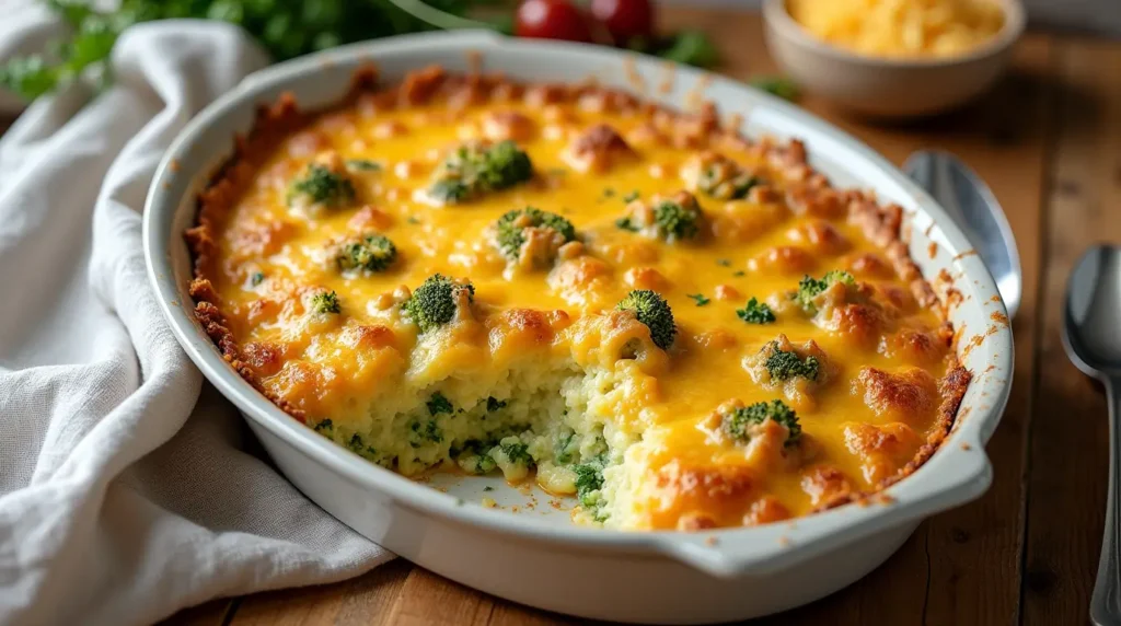 Golden brown cheesy broccoli casserole in a dish with bubbling cheese and a crunchy topping, surrounded by a napkin and spoon.