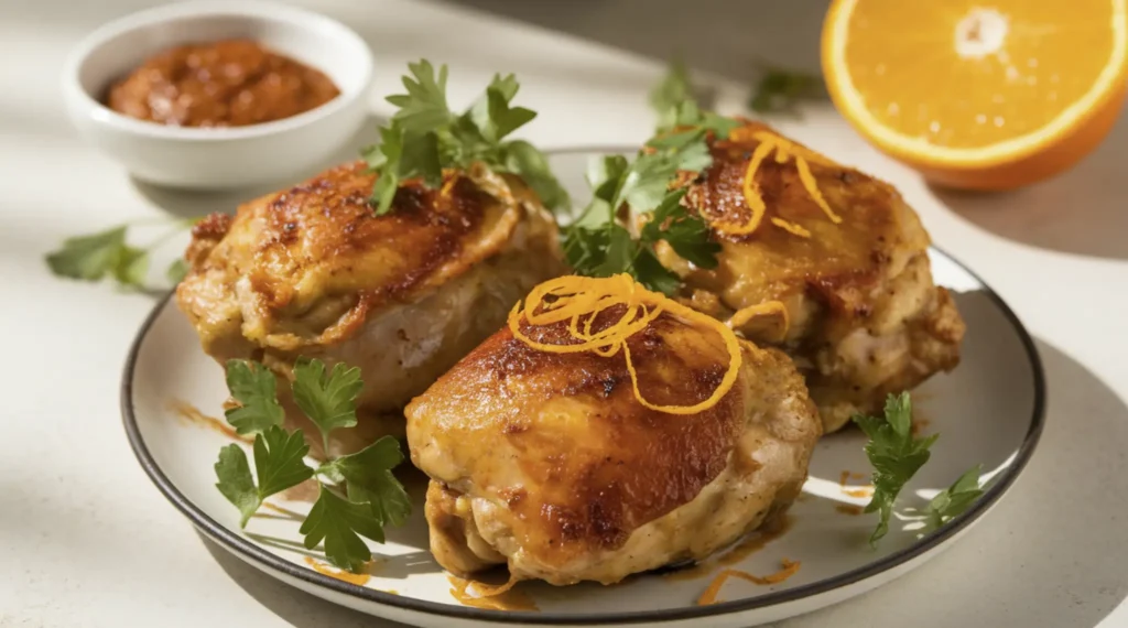 Golden-brown Harissa Orange Chicken Thighs garnished with fresh parsley and orange zest, served on a white plate.