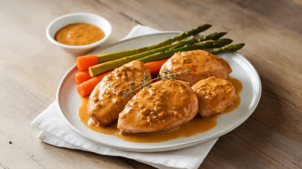 Honey mustard chicken with golden-brown glaze, served with roasted vegetables and extra honey mustard sauce.