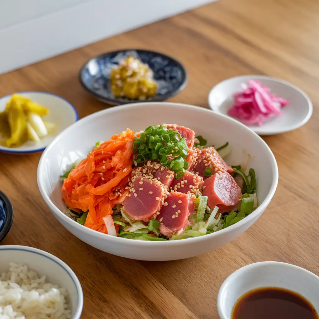 Kimchi tuna salad in a bowl with vibrant toppings and side dishes, including rice and pickled vegetables.