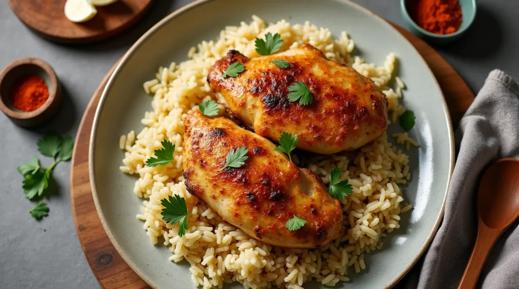 A plate of One-Pot Chicken and Rice garnished with parsley and paprika, surrounded by simple kitchen props.