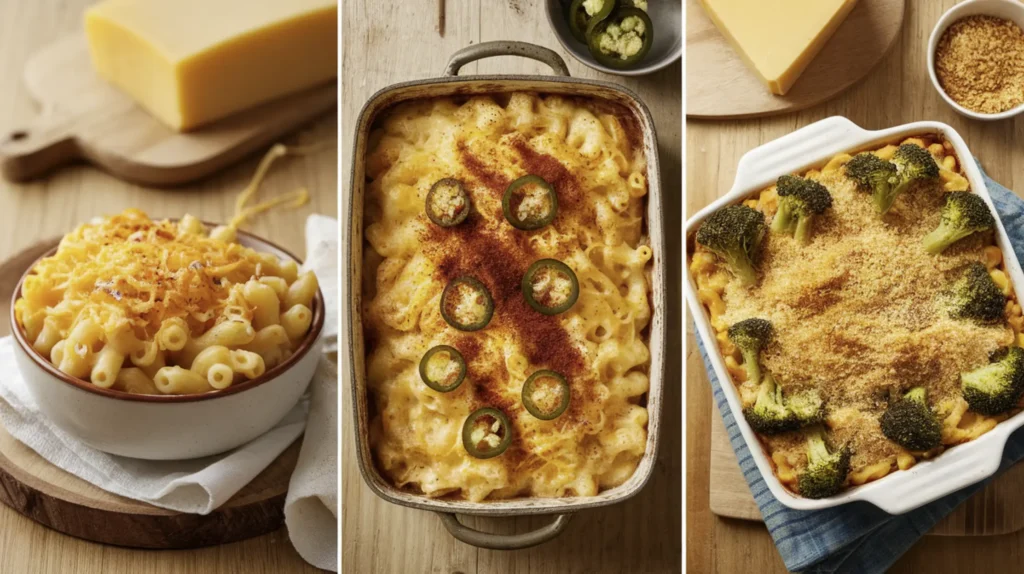 Three variations of mac and cheese on a wooden table: extra cheesy mac and cheese in a round bowl, spicy jalapeño mac and cheese in a rustic dish with jalapeño slices, and broccoli cheddar mac and cheese in a square casserole with visible broccoli florets.