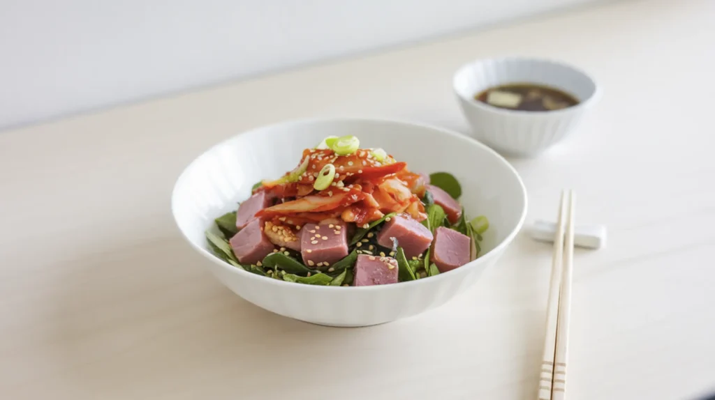 A vibrant bowl of kimchi tuna salad with fresh tuna chunks, red kimchi, scallions, and sesame seeds, served on a light wooden table.