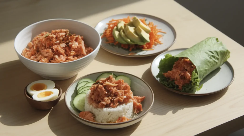 Creative variations of kimchi tuna salad, featuring avocado mix, crunchy vegetables, lettuce wraps, and a rice bowl with a soft-boiled egg, displayed on a light wooden table.