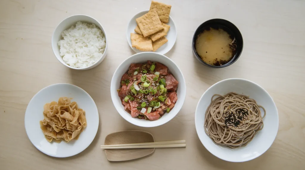 Kimchi tuna salad served with steamed rice, miso soup, rice crackers, and soba noodles tossed in sesame oil and soy sauce on a light wooden table.