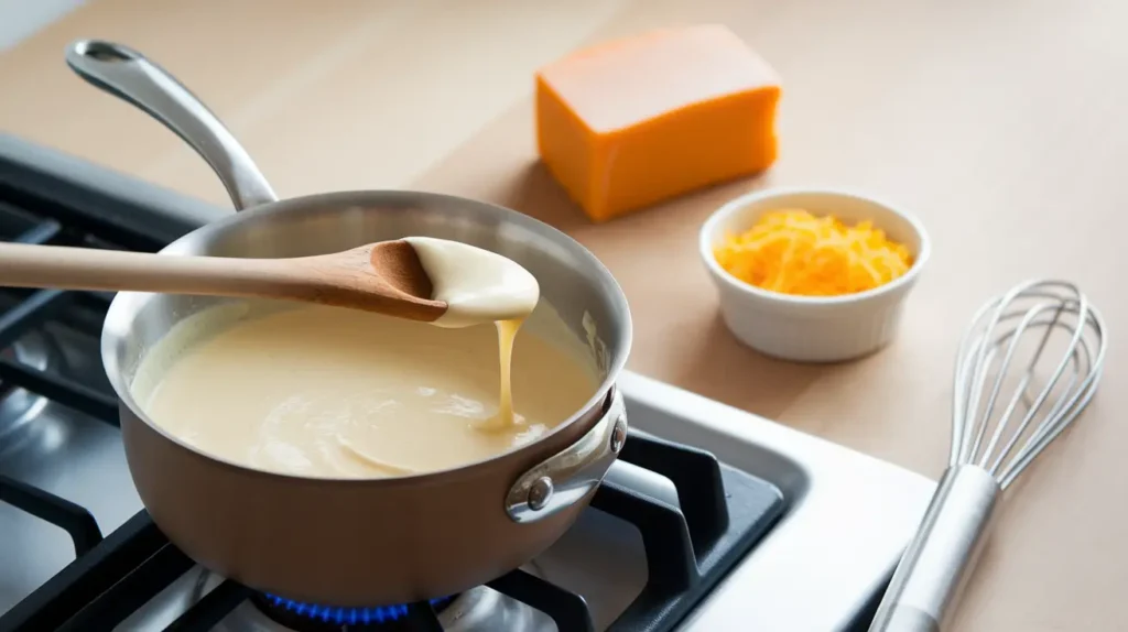 A saucepan of creamy cheese sauce simmering on low heat with a wooden spoon, surrounded by a block of cheddar and shredded cheese on a wooden countertop.