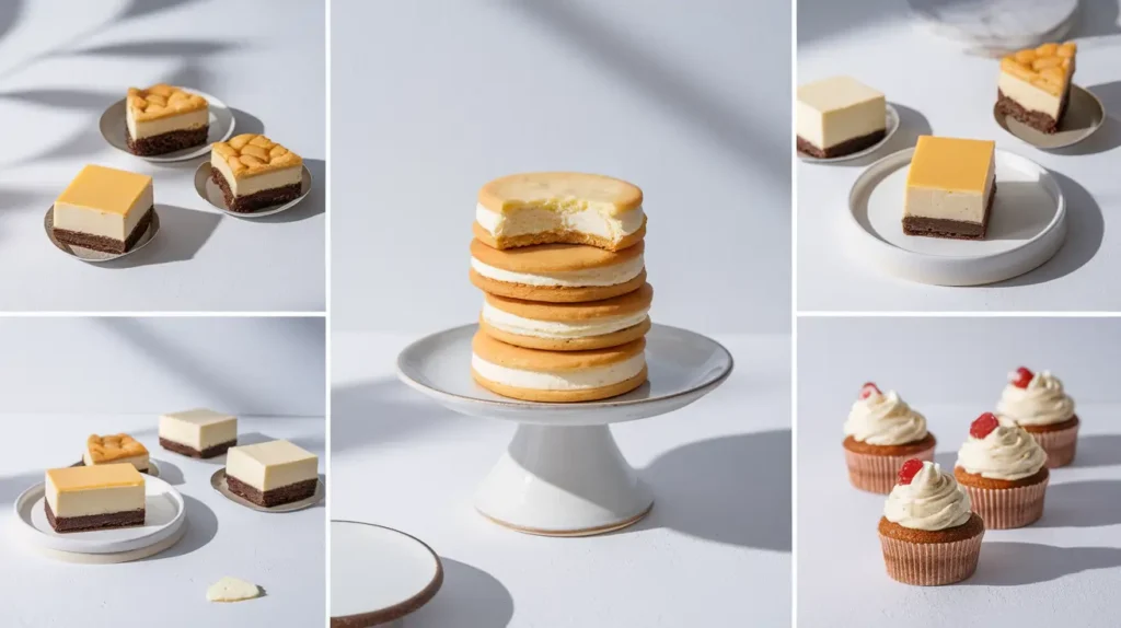 A plate of Cheesecake Cookies surrounded by cheesecake-inspired desserts, including brownies, bars, and cupcakes.