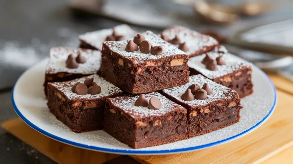 A stack of Katharine Hepburn's brownies with powdered sugar on a white plate, surrounded by baking tools on a wooden table.