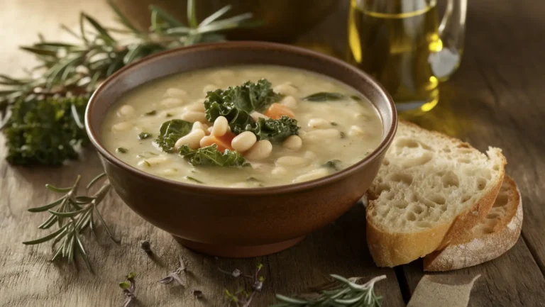 A bowl of Tuscan White Bean Soup garnished with rosemary and olive oil, served with crusty bread on a wooden table.