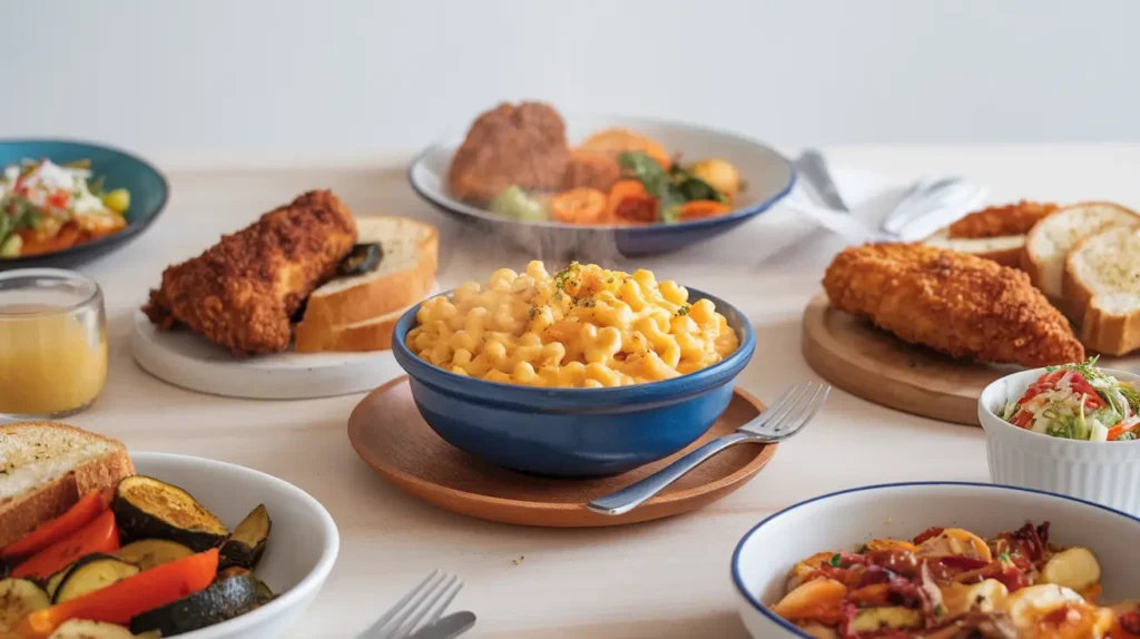 A bowl of creamy mac and cheese surrounded by fried chicken, roasted vegetables, garlic bread, and coleslaw on a wooden table.