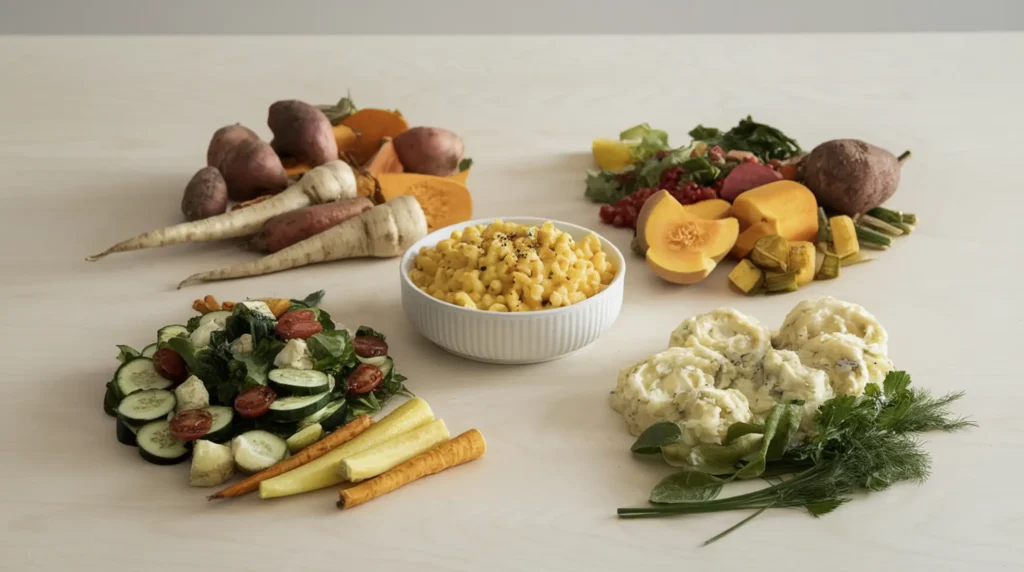 A bowl of creamy mac and cheese surrounded by seasonal ingredients like roasted vegetables, fresh herbs, a vibrant salad, and mashed potatoes.