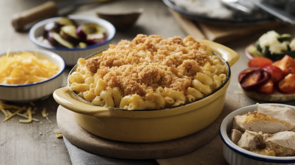 A rustic baking dish filled with golden, bubbly old fashioned baked macaroni and cheese, surrounded by small bowls of shredded cheese, roasted vegetables, and cooked chicken on a wooden table.