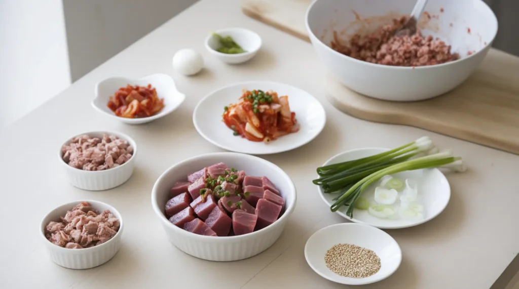 Step-by-step preparation of kimchi tuna salad, featuring flaked canned tuna, seared fresh tuna chunks, chopped kimchi, scallions, sesame seeds, and a mixing bowl on a light wooden table.