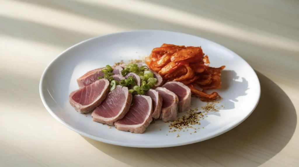 Sliced seared fresh tuna paired with vibrant red kimchi, garnished with scallions and sesame seeds on a clean white plate.