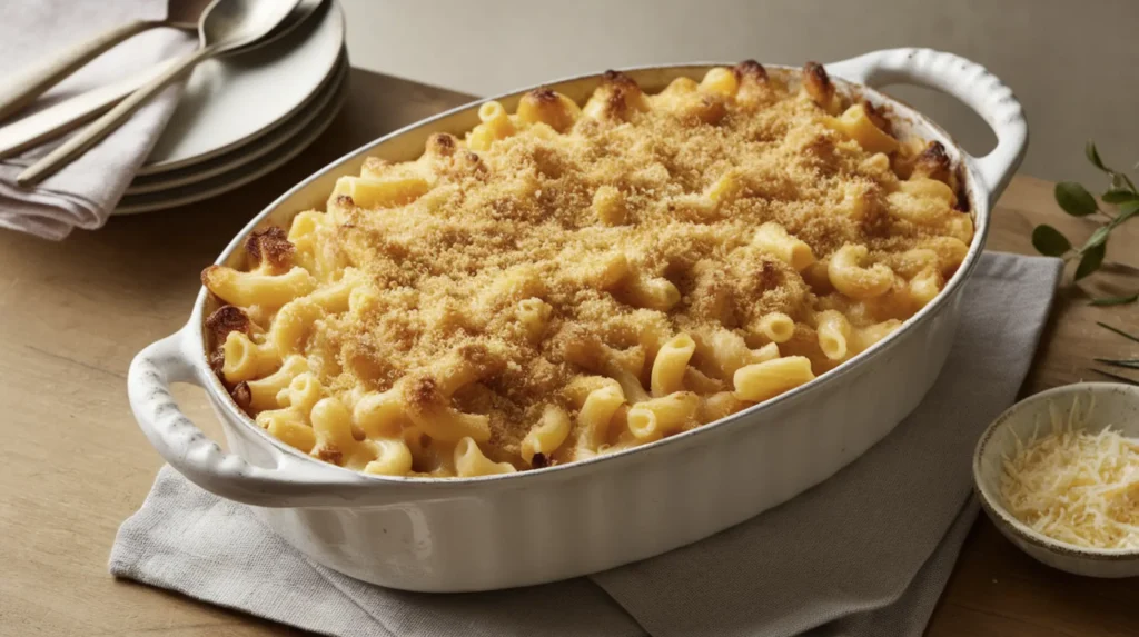 Can I freeze macaroni and cheese? A casserole dish filled with creamy, golden-brown macaroni and cheese, topped with a crispy breadcrumb layer, placed on a wooden table.