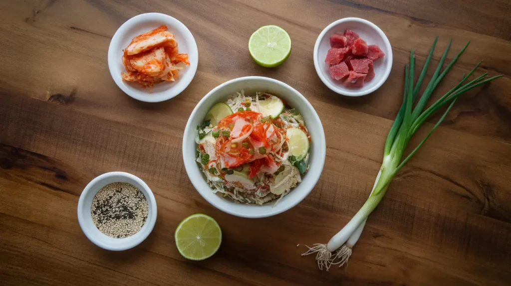 A bowl of kimchi tuna salad surrounded by small dishes of fermented kimchi, tuna chunks, sesame seeds, lime, and green onions on a wooden table.