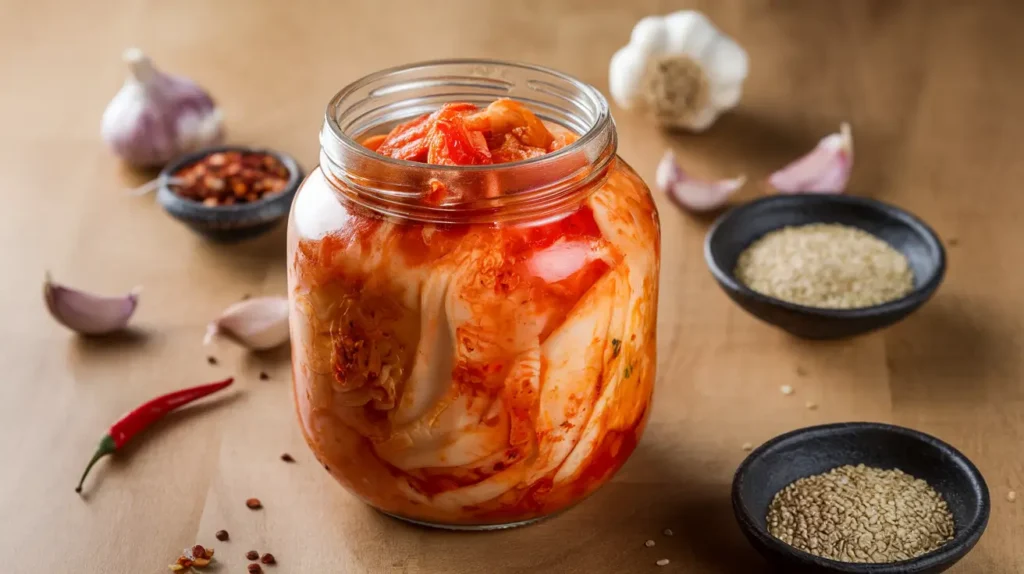 A jar of traditional cabbage kimchi with visible red chili paste, surrounded by fresh garlic cloves, chili flakes, and sesame seeds on a wooden table.