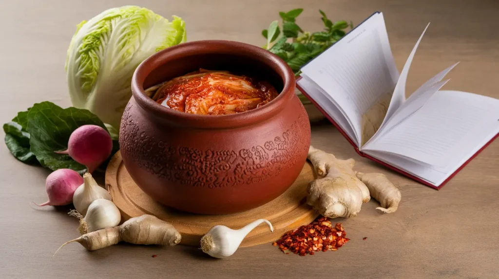 A traditional clay pot of kimchi surrounded by fresh ingredients like napa cabbage, radish, garlic, ginger, and red chili flakes on a wooden surface.