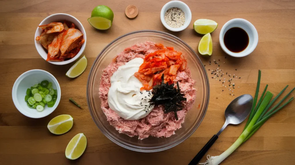 A mixing bowl with creamy tuna and mayonnaise mixture, surrounded by small bowls of chopped kimchi, green onions, sesame oil, and soy sauce, with lime wedges and garnishes on a wooden table.