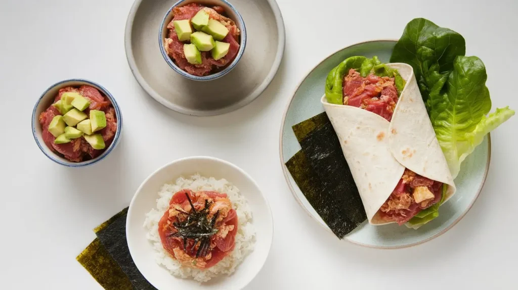 An arrangement of Kimchi Tuna Salad variations, including the classic version, avocado mixed salad, quinoa-enhanced salad, and a tortilla wrap with shredded lettuce, displayed on a neutral surface with small bowls of sesame seeds and green onions.