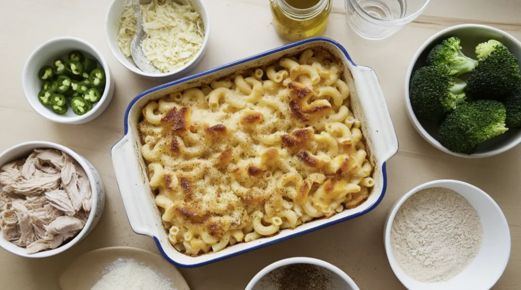 A baking dish of golden, bubbling old fashioned baked macaroni and cheese surrounded by bowls of diced jalapeños, shredded chicken, steamed broccoli, and a jar of truffle oil, with Parmesan cheese and almond flour on a wooden table.