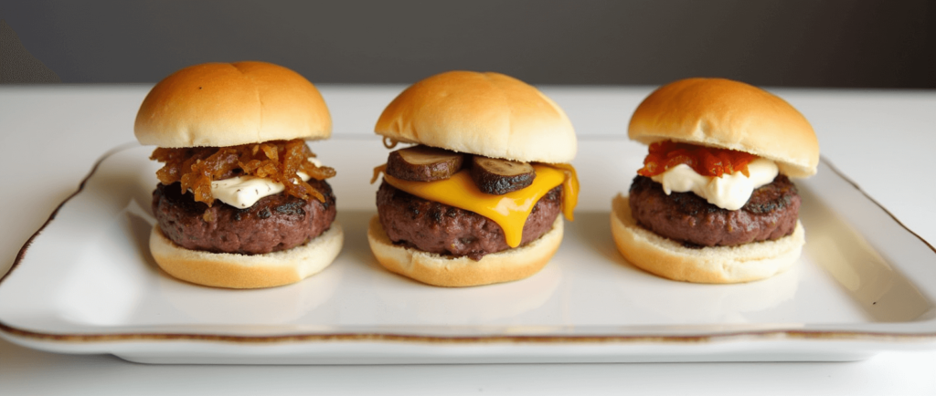 A plate of three Wagyu sliders, each with unique gourmet toppings like crispy onions, sautéed mushrooms, and sesame aioli.