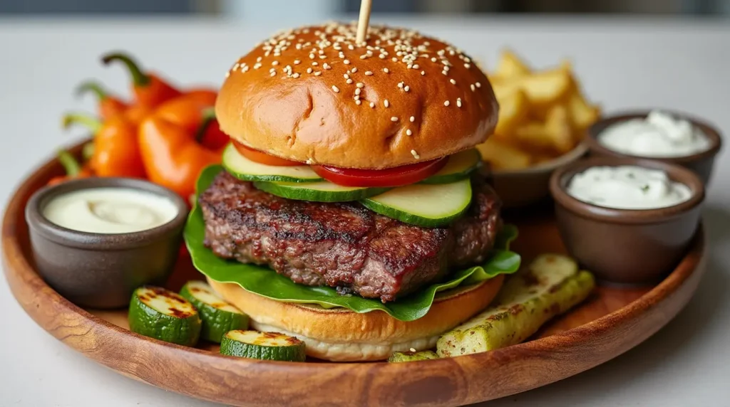 A Wagyu burger on a wooden platter with truffle fries, grilled vegetables, and three dipping sauces.