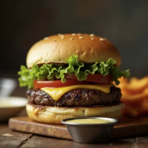 A juicy Wagyu burger with melted cheese, fresh lettuce, and tomato on a toasted brioche bun, served with sweet potato fries and garlic aioli.