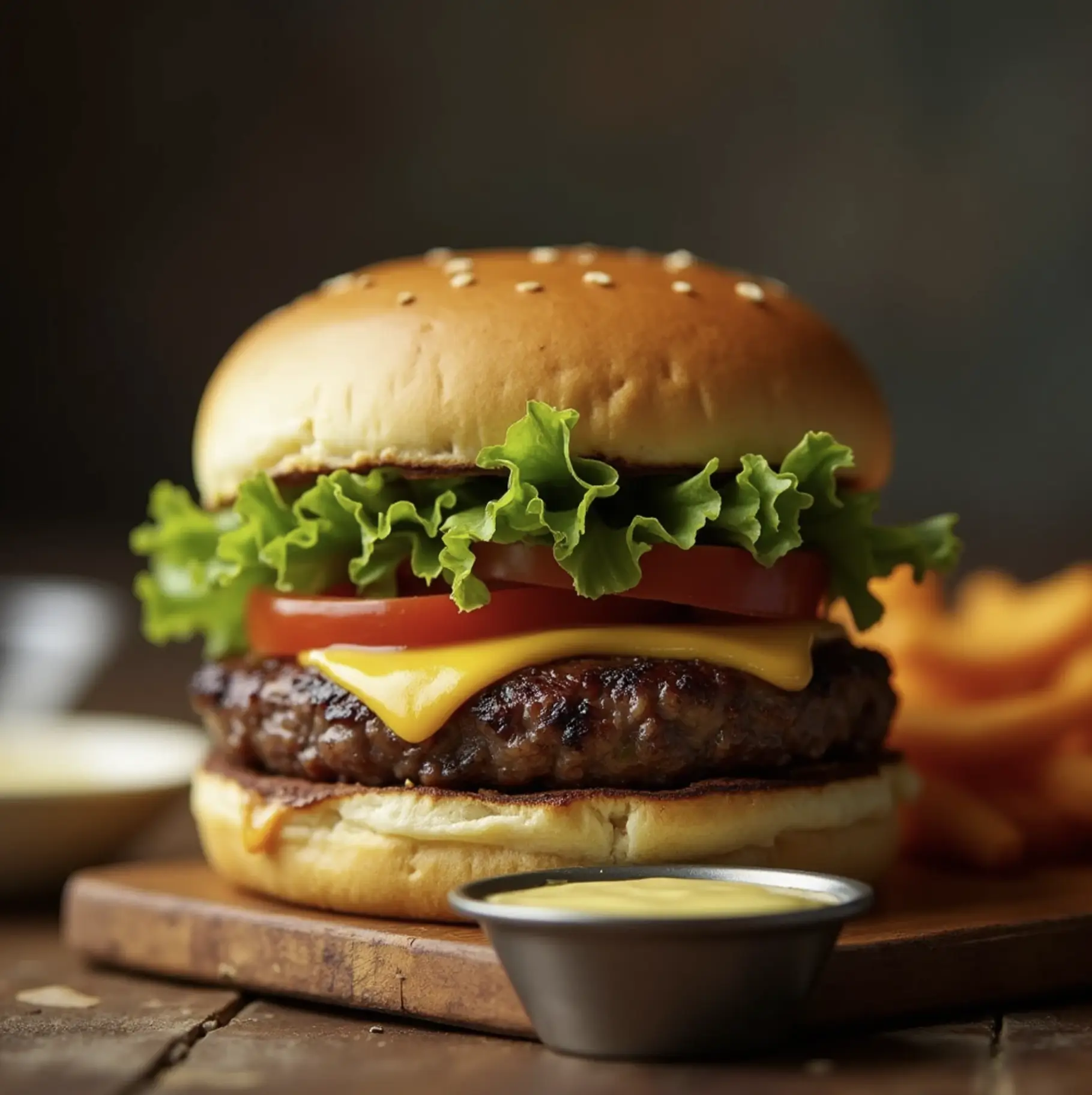 A juicy Wagyu burger with melted cheese, fresh lettuce, and tomato on a toasted brioche bun, served with sweet potato fries and garlic aioli.