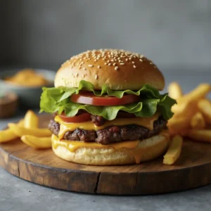 Juicy Wagyu burger on a brioche bun with cheddar, lettuce, tomato, and fries on a wooden plate.