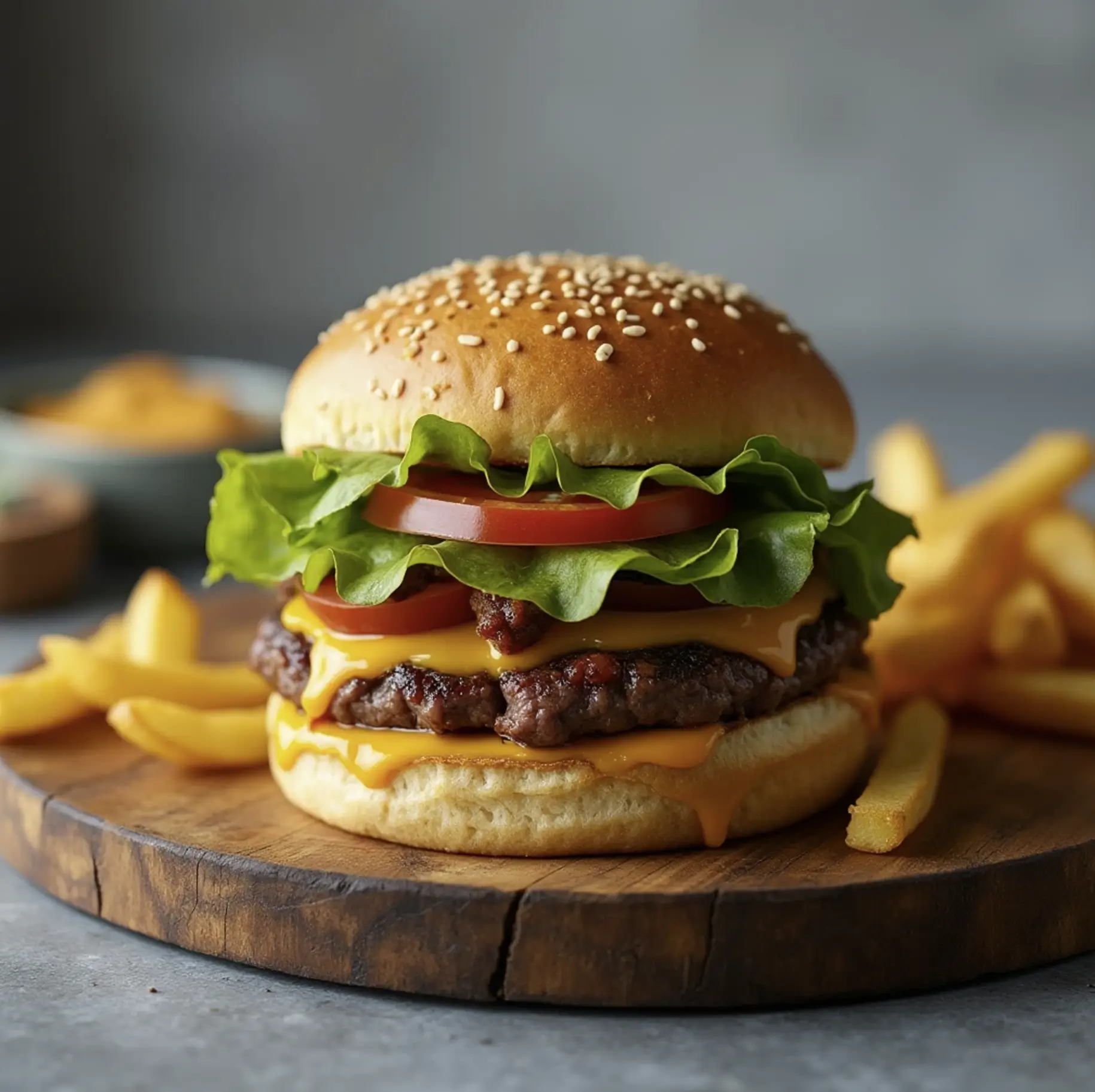 Juicy Wagyu burger on a brioche bun with cheddar, lettuce, tomato, and fries on a wooden plate.