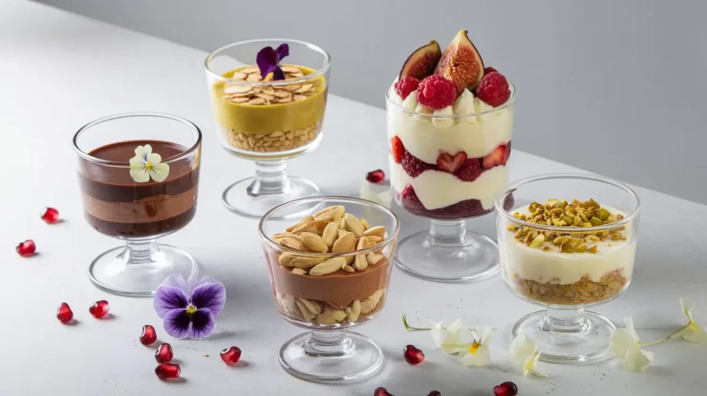 Creative variations of Terra Massoud dessert, including chocolate ganache, nut alternatives, vegan coconut cream, and a layered parfait with berries and figs.