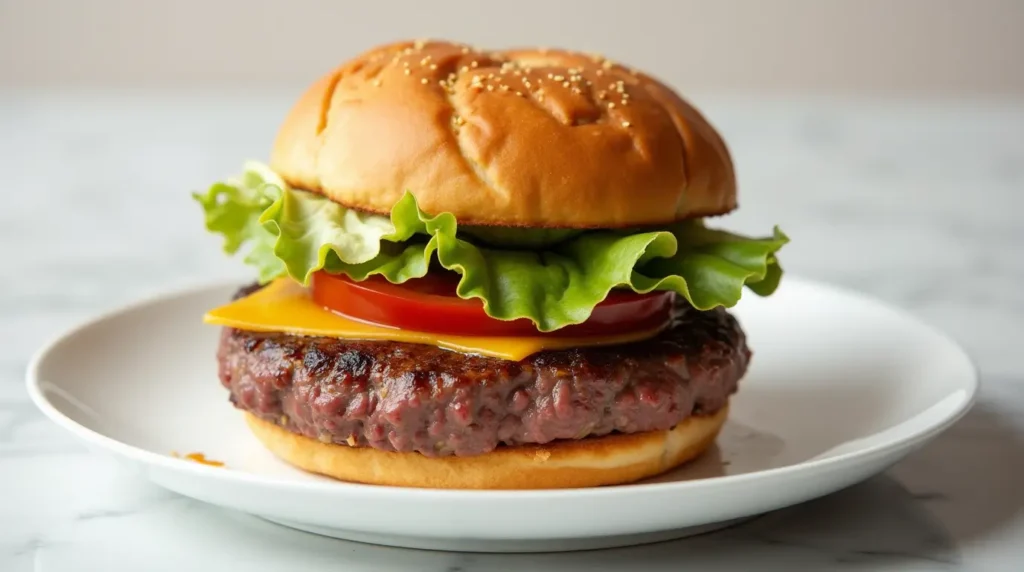 A juicy Wagyu burger on a brioche bun with melted cheddar, lettuce, and tomato, highlighting its tender and rich texture.