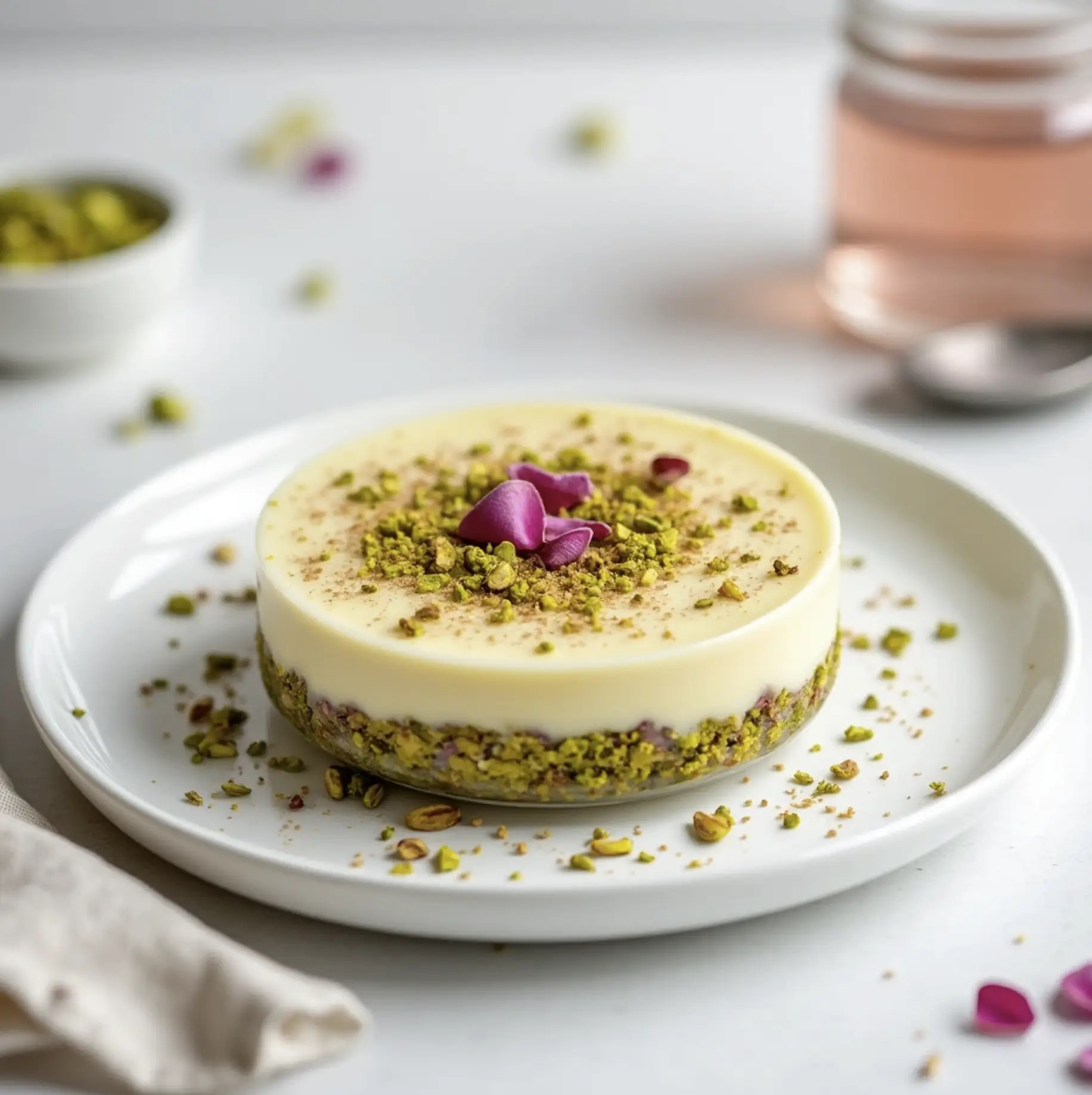 Terra Massoud dessert garnished with pistachios and rose petals, served on a white plate with simple background details.