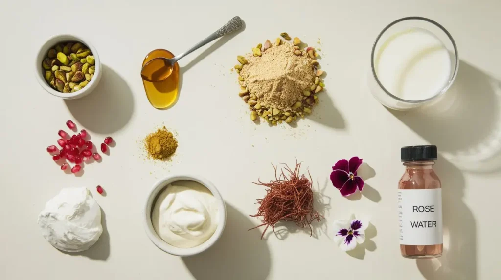 Ingredients for Terra Massoud dessert including pistachios, almond flour, honey, cardamom, mascarpone, heavy cream, saffron, rose water, pomegranate seeds, and edible flowers.