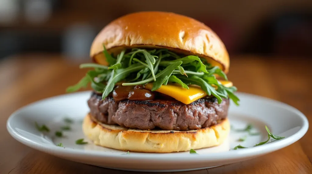 A gourmet Wagyu burger with melted cheddar, caramelized onions, fresh arugula, and truffle aioli on a toasted brioche bun.