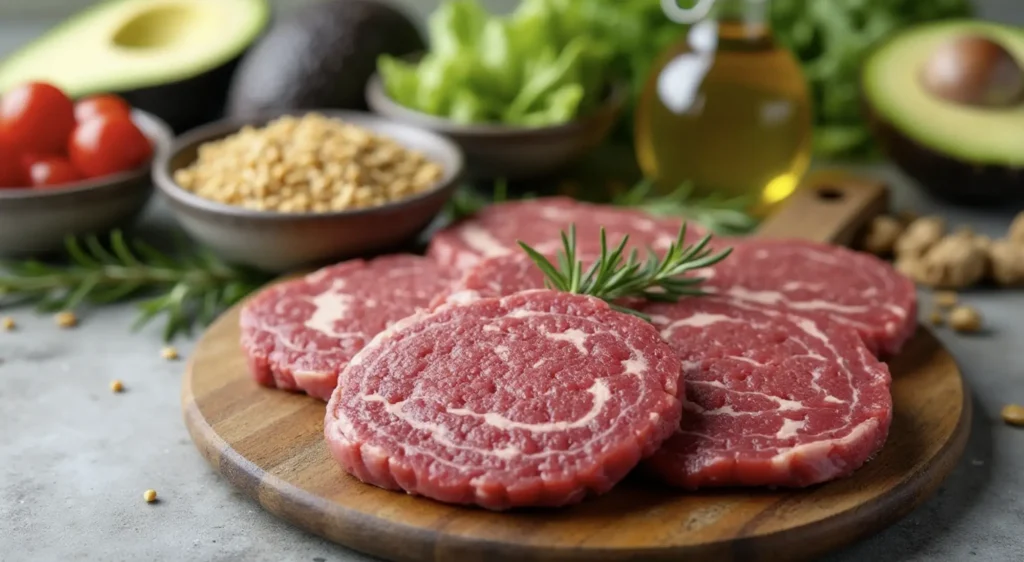 Raw Wagyu beef patties with visible marbling, surrounded by fresh vegetables, whole grains, and olive oil, emphasizing health benefits.