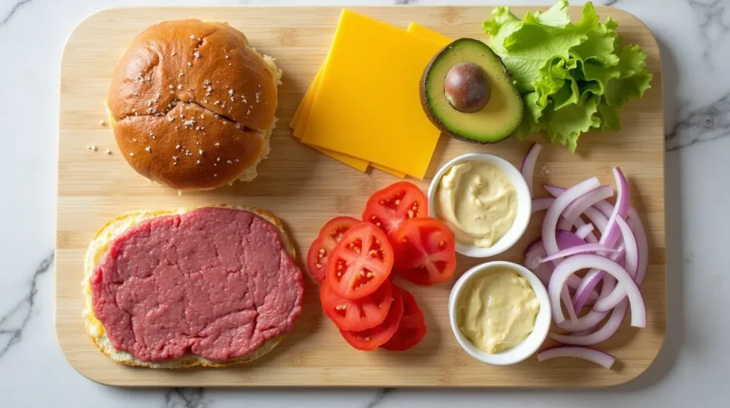 Ingredients for a Wagyu burger recipe, including a seasoned Wagyu beef patty, toasted brioche bun, cheddar cheese, fresh lettuce, tomato, red onion, and condiments.