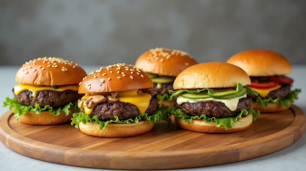 A display of creative Wagyu burger variations, including cheeseburger, truffle mushroom, spicy sriracha, and avocado delight burgers on a wooden board.