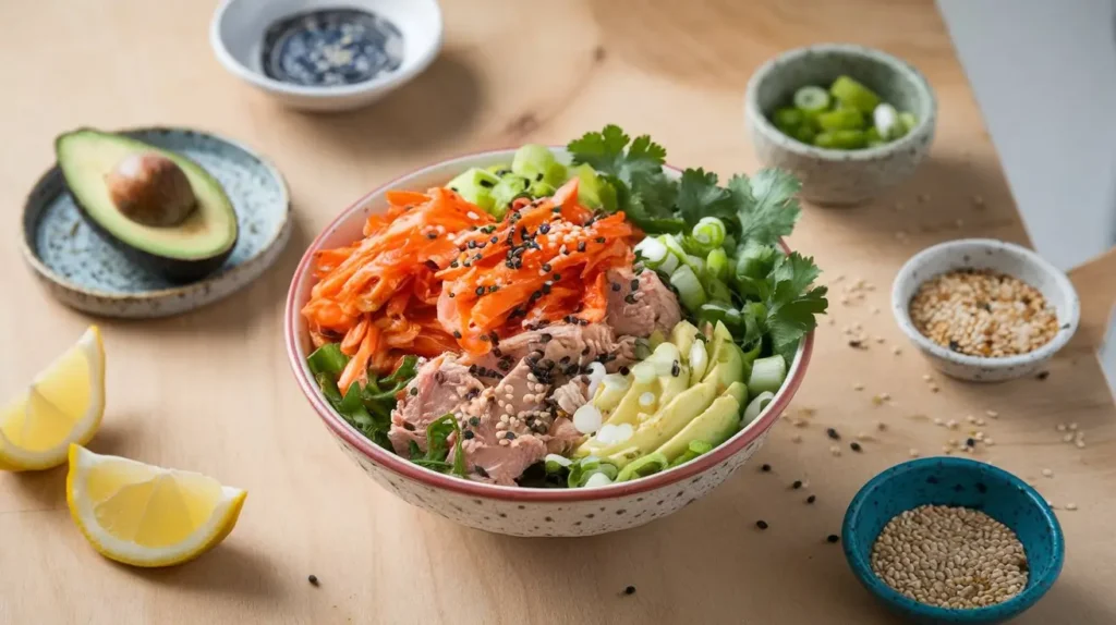 A bowl of Kimchi Tuna Salad featuring fermented kimchi, chunks of tuna, sesame seeds, and green onions, accompanied by a small jar of kimchi and a sprig of cilantro on a neutral-toned surface.