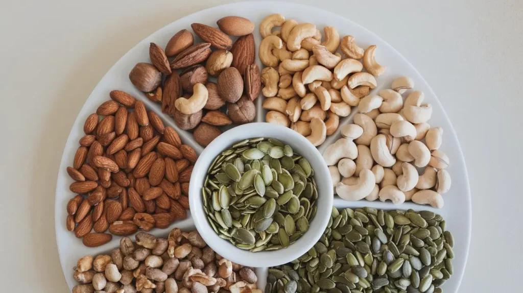 White plate with almonds, walnuts, cashews, macadamia nuts, sunflower seeds, and pumpkin seeds as healthy substitutes for pistachios.