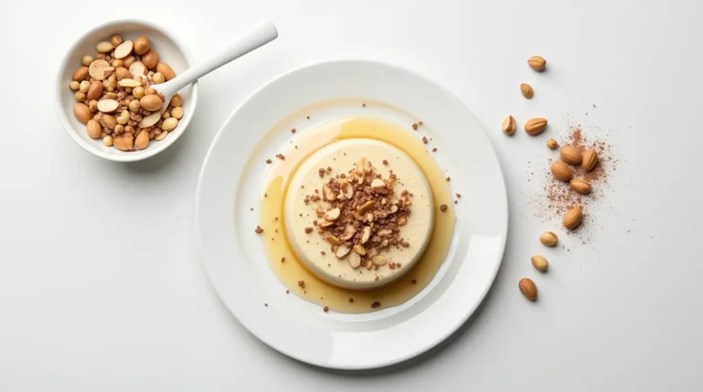 Terra Massoud dessert garnished with toasted nuts, honey, and cocoa powder on a white plate.