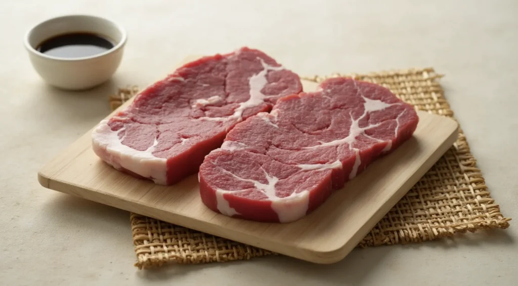 Raw Wagyu beef cuts with rich marbling on a wooden board, with a soy sauce bowl and bamboo mat.