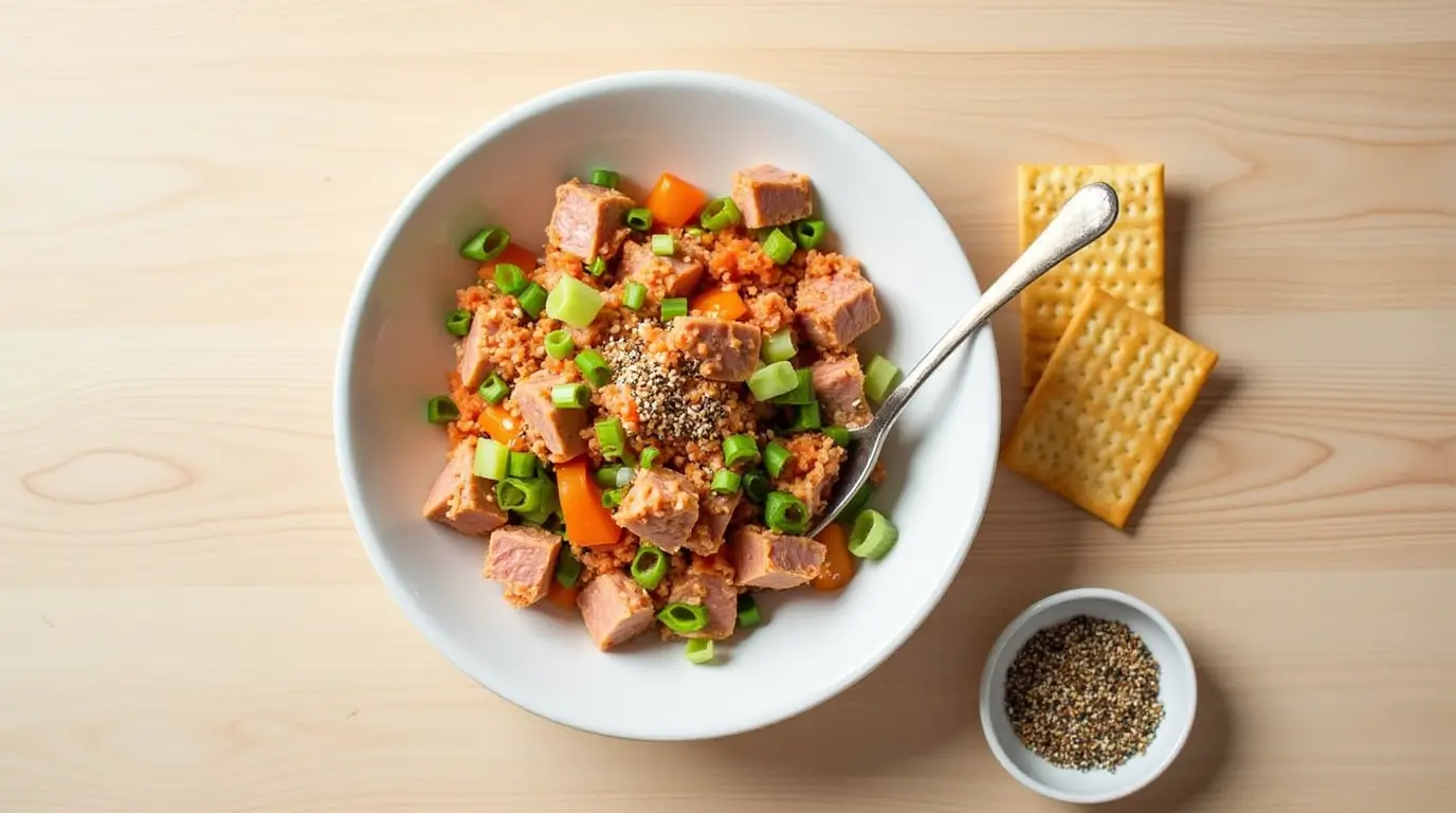 Is this recipe gluten-free? A bowl of gluten-free Kimchi Tuna Salad with tuna, kimchi, green onions, and sesame seeds, served with gluten-free crackers on the side.