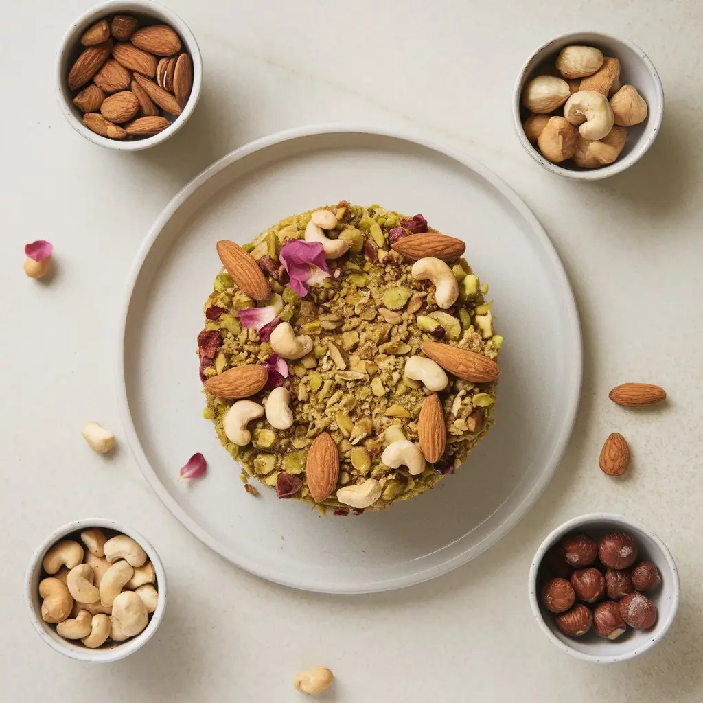 Terra Massoud dessert garnished with nuts, rose petals, and honey on a white plate with nut substitutes in small bowls.