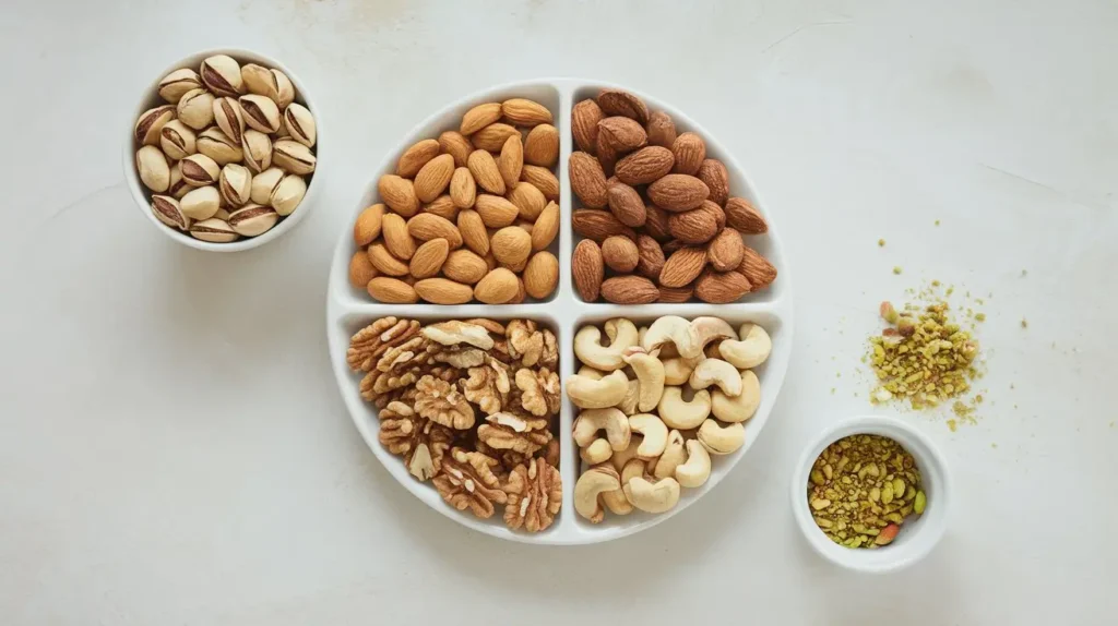 White plate with almonds, cashews, walnuts, and crushed pistachios arranged as substitutes for recipes.